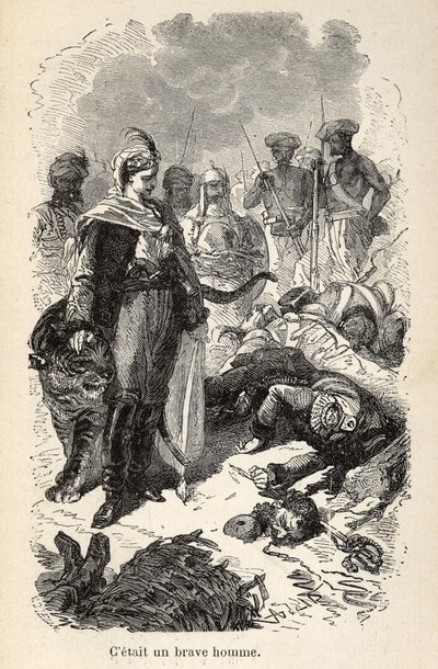 رسم توضيحي لـ "" مغامرات رائعة لكن أصيلة للكابتن كوركوران "من تأليف ألفريد أسولانت ، موضحة بـ 25 نقشًا صغيرًا مرسومة على الخشب بواسطة A. de Neuville ، Librairie Hachette et Cie في باريس بواسطة ألفونس ماري دي نوفيل