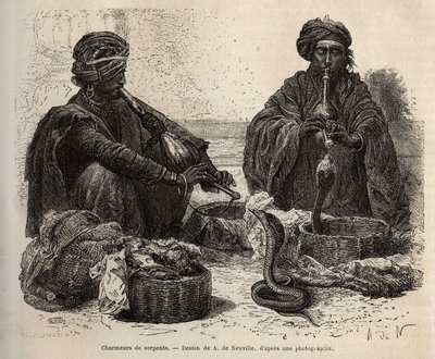 Les charmeurs de snpents ، الذين يتاجرون بالزواحف ، التي يجذبونها عن طريق النفخ في toumril (الفلوت) ، نقش بعد رسم A. de Neuville ، يوضح رحلة Rajahs إلى الهند ، في 1864-1868 ، بواسطة Louis Rousselet ، تم نشره في جولة "" Le بواسطة ألفونس ماري دي نوفيل