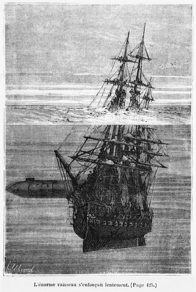 نوتيلوس ، رسم توضيحي من "20000 فرسخ تحت البحر" لجول فيرن (1828-1905) نقش بواسطة هنري ثيوفيل هيلديبراند (1824-1897) باريس ، هيتزل ، نُشر عام 1877 بواسطة ألفونس ماري دي نوفيل