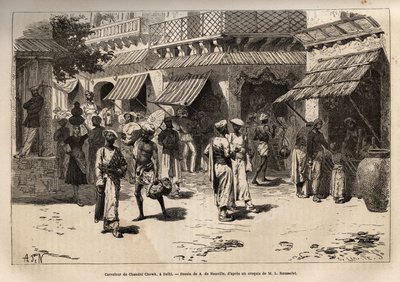 مفترق طرق Chandni chowk ، شارع ديدان الذهب ، الشريان الرئيسي للأنشطة التجارية والحرفية ، الذي يعبر دهلي من البوابة الكبرى للقصر إلى بوابة لاهور ، نقش بعد رسم A. de Neuville ، يوضح الرحلة بواسطة ألفونس ماري دي نوفيل