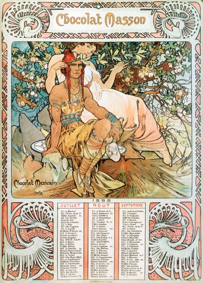 صفحة التقويم الخاصة بالبالغين لعام 1898 مزخرفة برسومات توضيحية لألفونس موتشا (1860-1939) للشوكولاتة ماسون - "" منتصف العمر "" رسم توضيحي إعلاني لألفونس موتشا بواسطة ألفونس موشا