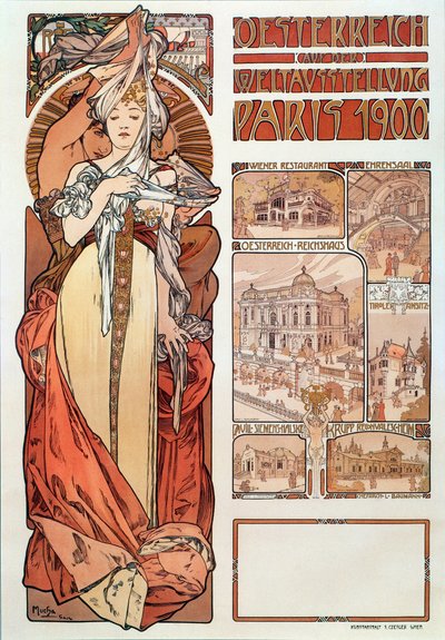 ملصق إعلاني لألفونس موتشا (1860-1939) للنمسا ممثلة في المعرض العالمي في باريس 1900 - أبعاد 68x98،5 سم ملصق إعلاني لألفونس موتشا عن "النمسا" في المعرض بواسطة Alphonse Mucha