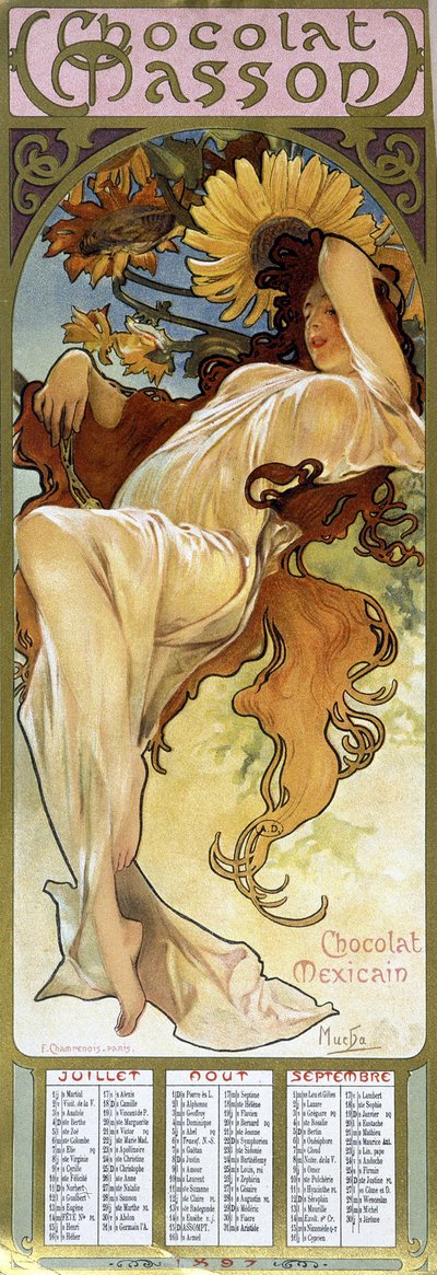 امرأة في مزاج الخريف - بقلم موتشا ، تقويم "" Chocolat Mexicain Chocolat Masson "، يوليو ، أغسطس ، سبتمبر 1897. بواسطة ألفونس موشا