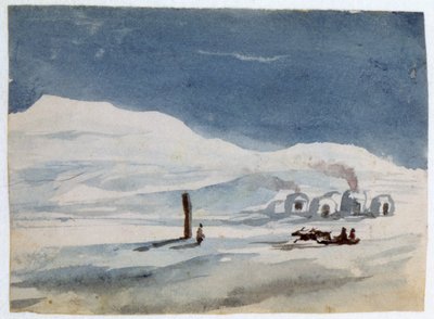 أكواخ زجاجية وإسكيمو". لوحة مائية. أورور أمادين لوسي دوبان (1804-1876) روائية وناشطة نسوية فرنسية كتبت تحت اسم جورج ساند. بواسطة أمانتين دوبين
