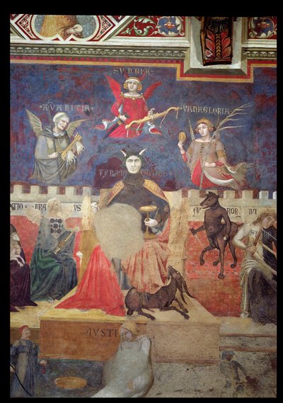 أعلام الحكومة السيئة ، تفاصيل الجشع والفخر والغرور والاستبداد والاحتيال والغضب ، 1338-40 بواسطة أمبروجيو لورنزيتي