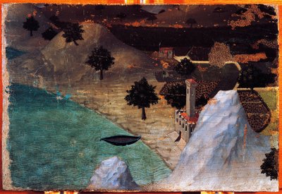 قلعة على ضفاف البحيرة ، رسمها أمبروجيو لورنزيتي (1319-1347) ، لوحة على خشب ، 22 × 33 سم. بواسطة أمبروجيو لورنزيتي