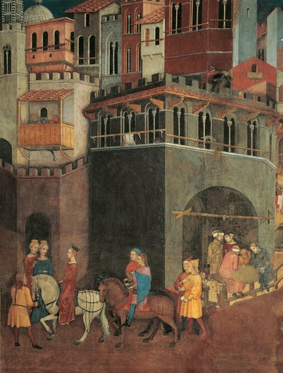 آثار الحكم الصالح في المدينة ، موكب نوبيلي في شوارع المدينة ، تفاصيل رمزية وآثار الحكومة الجيدة والسيئة على المدينة والريف بواسطة أمبروجيو لورنزيتي