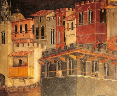 تأثيرات الحكومة الجيدة في المدينة ، والمنازل ، والتفاصيل من Allegory وتأثيرات الحكومة الجيدة والسيئة في المدينة والبلد بواسطة Ambrogio Lorenzetti (نشط 1285-1348) ، لوحة جدارية ، تفاصيل Hall of Peace ، Palazzo Publico ، Siena بواسطة أمبروجيو لورنزيتي