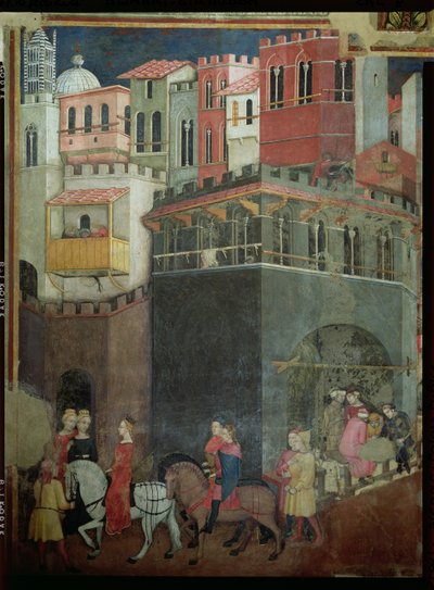 آثار الحكم الصالح في المدينة ، تفاصيل العمارة والمواطنين ، 1338-40 بواسطة أمبروجيو لورنزيتي