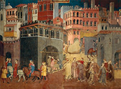 Effects of good government in city, detail from Allegory and effects of good and bad government in town and country بواسطة أمبروجيو لورنزيتي