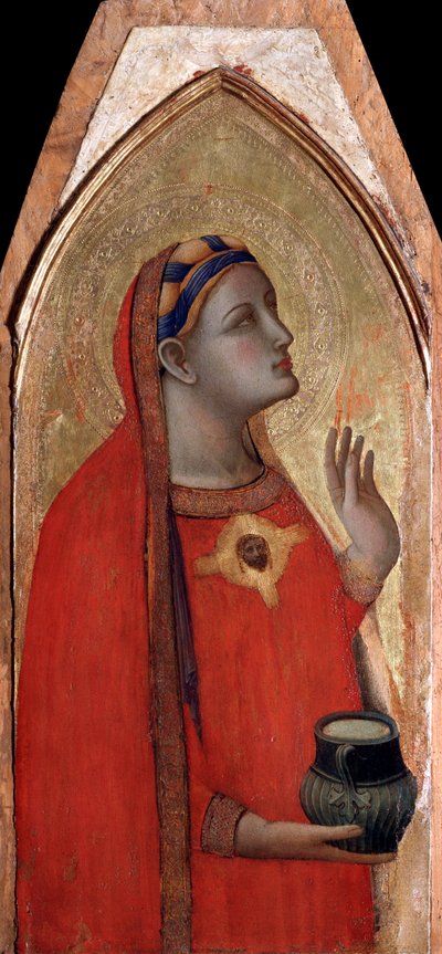 Mary Magdalene (اللوحة اليسرى للعذراء والطفل المتعدد الألوان) - تمبرا وذهبية على اللوح بواسطة أمبروجيو لورنزيتي