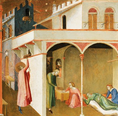 يقدم القديس نيكولاس مهرًا لثلاث فتيات فقيرات ، وتفاصيل من معجزات سانت نيكولاس أوف باري بواسطة أمبروجيو لورنزيتي (1290-حوالي 1348) ، تمبرا على الخشب بواسطة أمبروجيو لورنزيتي
