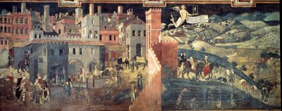 The effects of good and bad government on the city and the country. Detail of the city. Fresco by Ambrogio Lorenzetti (1290-1348) بواسطة أمبروجيو لورنزيتي