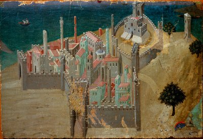 منظر لمدينة محصنة بالقرب من البحر التفاصيل. Detrempe على الخشب بواسطة Ambrogio Lorenzetti بواسطة أمبروجيو لورنزيتي