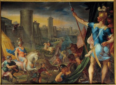 مخيم الكروا أمام القدس من سلسلة "" Histoire de Tancrede et de Clorinde "" "La jerusalem delibree" "للشاعر Le Tasse (Il tasso) لوحة أمبرواز دوبوا (1542-1614) . 1.62 × 2.15 م فونتينبلو. شاتيا بواسطة أمبرواز دوبوا