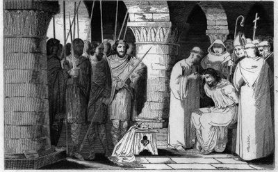 تم خلع Childeric III (714-751) من عرشه وحصره في دير - Childeric III Detrone وحاصره Pepin le Brit في دير في Saint Omer بين 742-749 - نقش عام 1825 في "Histoire de France ممثلة بلوحات إجمالية تم تسليمها إلى ج بواسطة أمبرواز تارديو