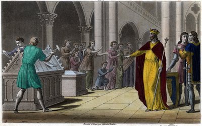 Grimoald ، نجل Pépin the Elder ، عمدة قصر أستراسيا (642) في عهد Sigebert III. صممه ونقشه أمبرواز تارديو عام 1825. بواسطة أمبرواز تارديو
