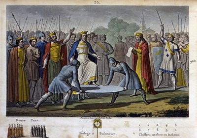 تم انتخاب Hugues Capet (ضد 941-996) ملكًا على فرنسا (في 987) ، بموافقة إجماعية (إلى حد كبير بفضل Gerbert d'Aurillac ، البابا المستقبلي Sylvestre II) ، في جمعية المملكة العظمى التي عقدت في Noyon (Hugues Capet يرتفع على الدرع) - ارسم وقبر ب بواسطة أمبرواز تارديو