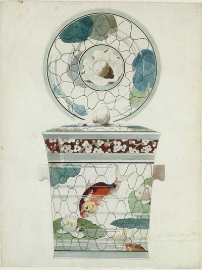 تصميم طبق مغطى في الخدمة au Filet Fish Net Ware ... ، 1875-85. بواسطة أميدي دي كارانزا.