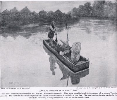 البريطانيون القدماء في قارب محفور ، توضيح من "تاريخ الأمم في هاتشينسون" ، ج .1910 بواسطة Amedee Forestier