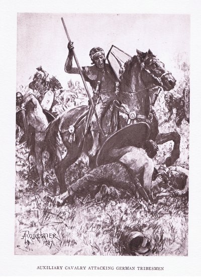 فرسان مساعدون يهاجمون رجال القبائل الألمان ، رسم توضيحي من الجندي الروماني ، 1928 بواسطة Amedee Forestier