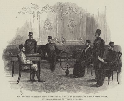 فحص جواز سفر السيد هاريس وقراءته بحضور أحمد فايزي باشا ، الحاكم العام لليمن ، في صنعاء بواسطة Amedee Forestier