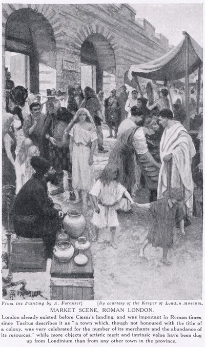 مشهد السوق الروماني ، لندن ، توضيح من "تاريخ الأمم في هاتشينسون" ، ج .1910 بواسطة Amedee Forestier