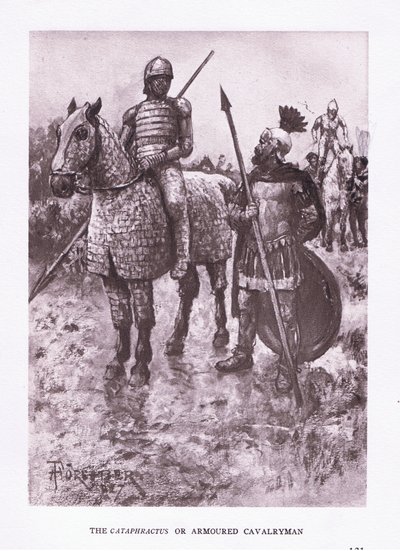 Cataphractus أو الفرسان المدرعة ، توضيح من الجندي الروماني ، 1928 بواسطة أميدي فوريستير
