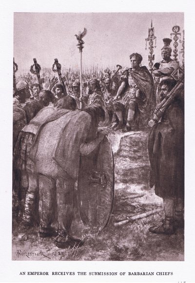 يتلقى الإمبراطور تقديم رؤساء البربر ، التوضيح من الجندي الروماني ، 1928 بواسطة Amedee Forestier