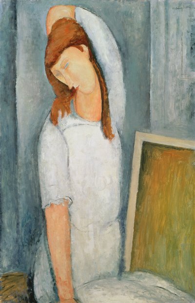صورة لجين هيبوتيرن (1898-1920) وذراعها اليسرى خلف رأسها بواسطة Amedeo Modigliani