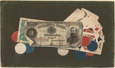 Trompe l'Oeil: منزل كامل بالرقائق ، فواتير بقيمة 2 دولار و 5 دولارات بواسطة القرن التاسع عشر الأمريكي