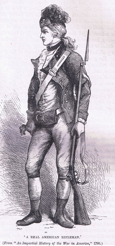 رجل بندقية أمريكي حقيقي ، رسم توضيحي من Cassells History of the United States نشره Cassell، Petter & Galpin، c1900 (litho) بواسطة مدرسة اللغة الإنجليزية الأمريكية