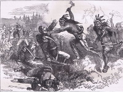 هجوم الهنود في فورت ديربورن ، رسم توضيحي من Cassells History of the United States نشره Cassell، Petter & Galpin، c1900 (litho) بواسطة مدرسة اللغة الإنجليزية الأمريكية