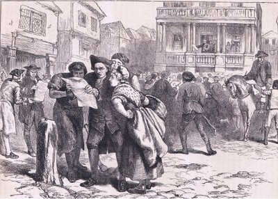 سكان بوسطن يقرؤون قانون الطوابع ، رسم توضيحي من Cassells History of the United States نشره Cassell، Petter & Galpin، c1900 (litho) بواسطة مدرسة اللغة الإنجليزية الأمريكية