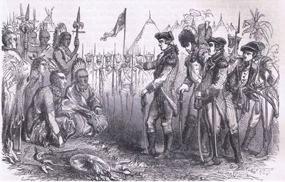 الجنرال بورغوين يخاطب الهنود ، رسم توضيحي من Cassells History of the United States نشره Cassell، Petter & Galpin، c1900 (litho) بواسطة مدرسة اللغة الإنجليزية الأمريكية