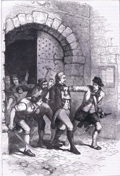 قاد Huddy من السجن ليتم شنقه ، رسم توضيحي من Cassells History of the United States نشره Cassell ، Petter & Galpin ، c1900 (litho) بواسطة مدرسة اللغة الإنجليزية الأمريكية