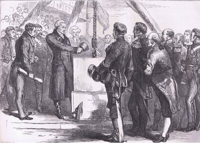 لافاييت يضع حجر الزاوية لنصب بونكر هيل التذكاري ، رسم توضيحي من Cassells History of the United States نشره Cassell، Petter & Galpin، c1900 (litho) بواسطة مدرسة اللغة الإنجليزية الأمريكية