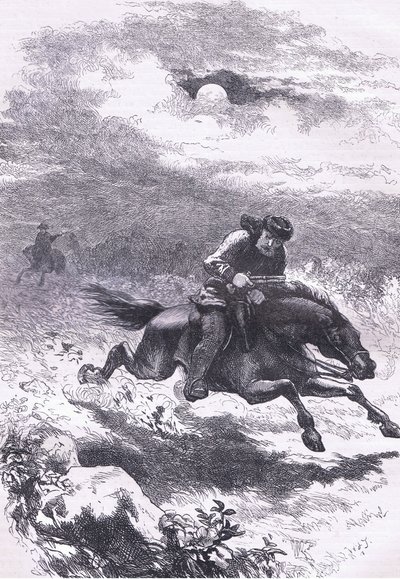 مطاردة بول ريفير الكشافة ، رسم توضيحي من Cassells History of the United States نشره Cassell، Petter & Galpin، c1900 (litho) بواسطة مدرسة اللغة الإنجليزية الأمريكية