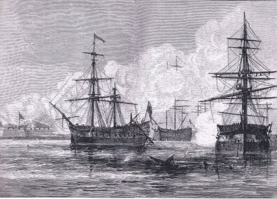 الهجوم على جزيرة سوليفان ، رسم توضيحي من Cassells History of the United States نشره Cassell، Petter & Galpin، c1900 (litho) بواسطة مدرسة اللغة الإنجليزية الأمريكية