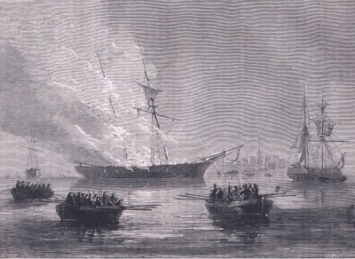 حرق جاسبي ، رسم توضيحي من Cassells History of the United States نشره Cassell، Petter & Galpin، c1900 (litho) بواسطة مدرسة اللغة الإنجليزية الأمريكية