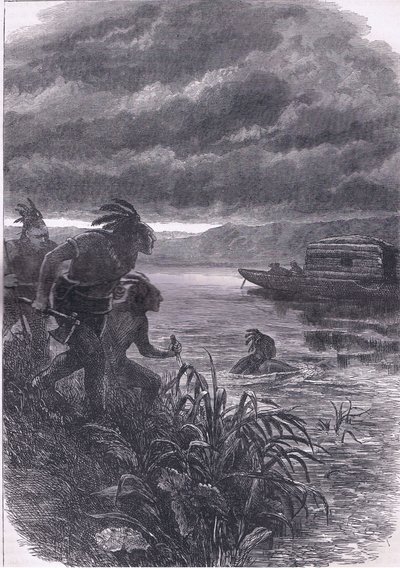 هاجم التجار في أوهايو من قبل المتوحشين ، رسم توضيحي من Cassells History of the United States نشره Cassell ، Petter & Galpin ، c1900 (litho) بواسطة مدرسة اللغة الإنجليزية الأمريكية