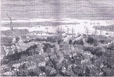 منظر بوسطن بواسطة Bunkers Hill ، رسم توضيحي من Cassells History of the United States نشره Cassell، Petter & Galpin، c1900 (litho) بواسطة مدرسة اللغة الإنجليزية الأمريكية