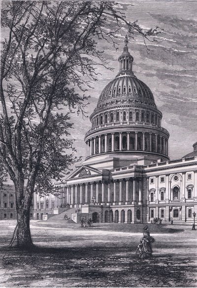 منظر لمبنى الكابيتول بواشنطن ، رسم توضيحي من Cassells History of the United States نشره Cassell، Petter & Galpin، c1900 (litho) بواسطة مدرسة اللغة الإنجليزية الأمريكية