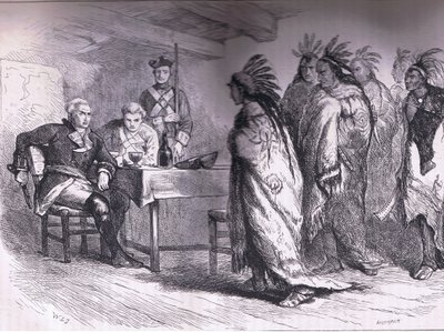 زيارة بونتياك والهنود إلى الرائد جلادوين 1763 ، رسم توضيحي من Cassells History of the United States نشره Cassell، Petter & Galpin، c1900 (litho) بواسطة مدرسة اللغة الإنجليزية الأمريكية