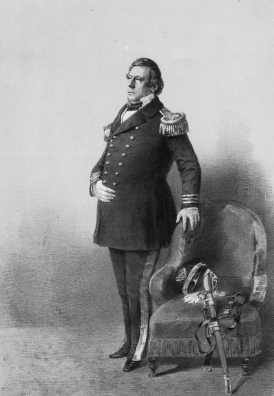 العميد البحري ماثيو كالبرايث بيري ، نقشه فيلهلم هاين ، ج 1856 (الطباعة الحجرية) بواسطة مصور أمريكي