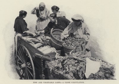 عربات الأسماك والخضروات ، حساب قريب (صورة أبيض وأسود) بواسطة مصور أمريكي