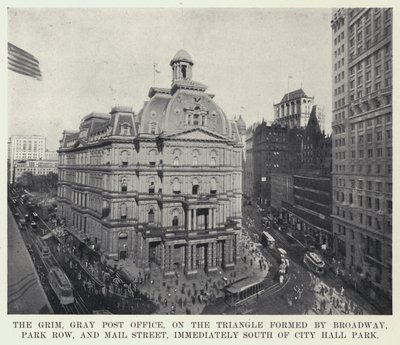 The Grim ، Gray Post Office ، على المثلث الذي شكله Broadway و Park Row و Mail Street ، جنوب City Hall Park مباشرة (b / w photo) بواسطة مصور أمريكي