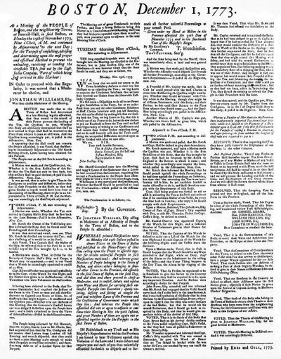 صحيفة برودسايد تفصل أحداث حزب شاي بوسطن ، ديسمبر 1773 (مطبوعة) بواسطة American School