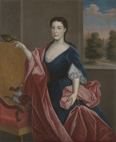سيدة وادي هدسون مع الكلب والببغاء ، c.1720-30 بواسطة المدرسة الأمريكية