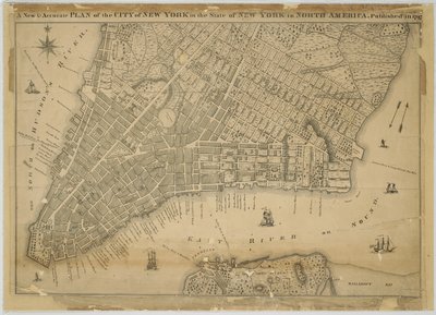 خطة جديدة ودقيقة لمدينة نيويورك في ولاية نيويورك في أمريكا الشمالية ، نُشرت في 1797 ، 1797 (حبر أسود وملون على ورق ، مدعوم بقطعة قماش) بواسطة المدرسة الأمريكية